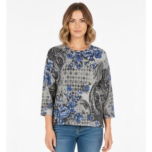 ALFRED DUNNER Paisley Floral Crew Neck Sweater, Women’s XLP, Blue Grey